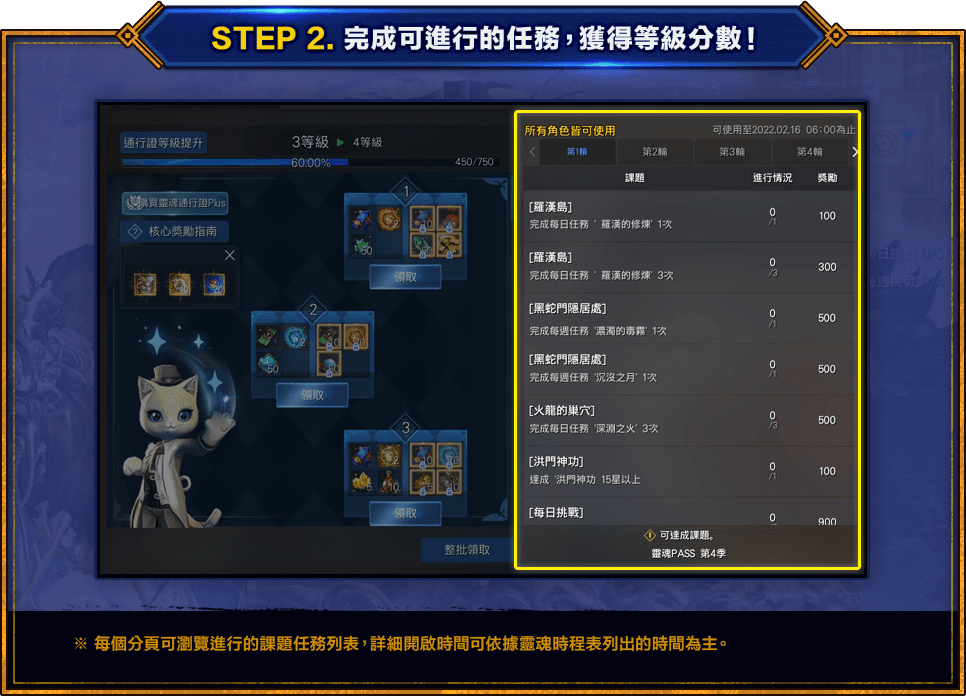 STEP 2. 完成可進行的任務，獲得等級分數！　※每個分頁可瀏覽進行的課題任務列表，詳細開啟時間可依據靈魂時程表列出的時間為主。